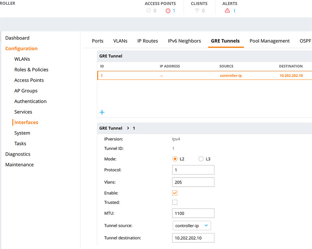 IAP VPN Guest - Create a GRE Tunnel on the Controller