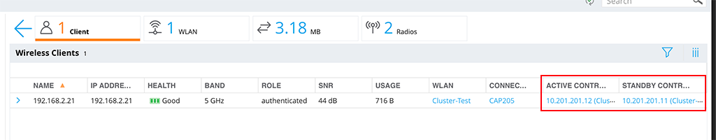 ArubaOS 8 Cluster - Active Standby for the Client