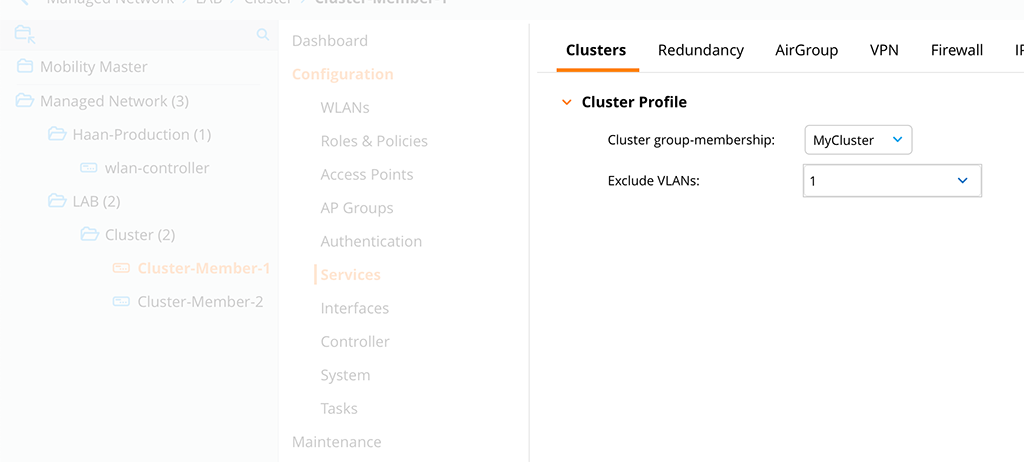 ArubaOS 8 Cluster - Add Cluster Profile to Controller