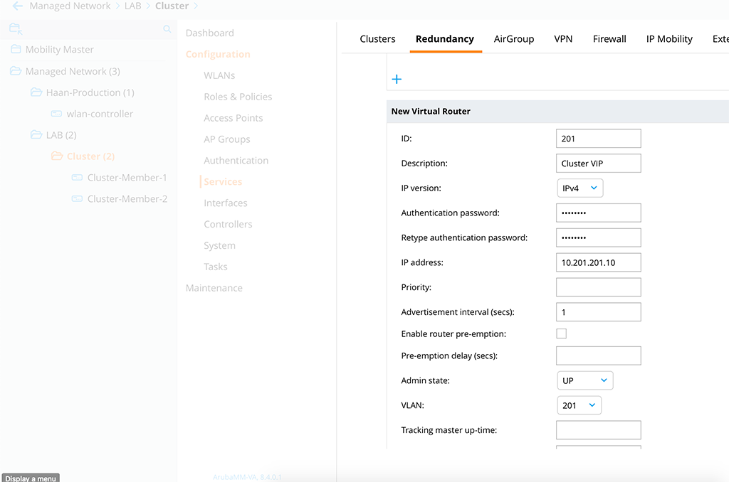 ArubaOS 8 Cluster - Create Cluster VIP