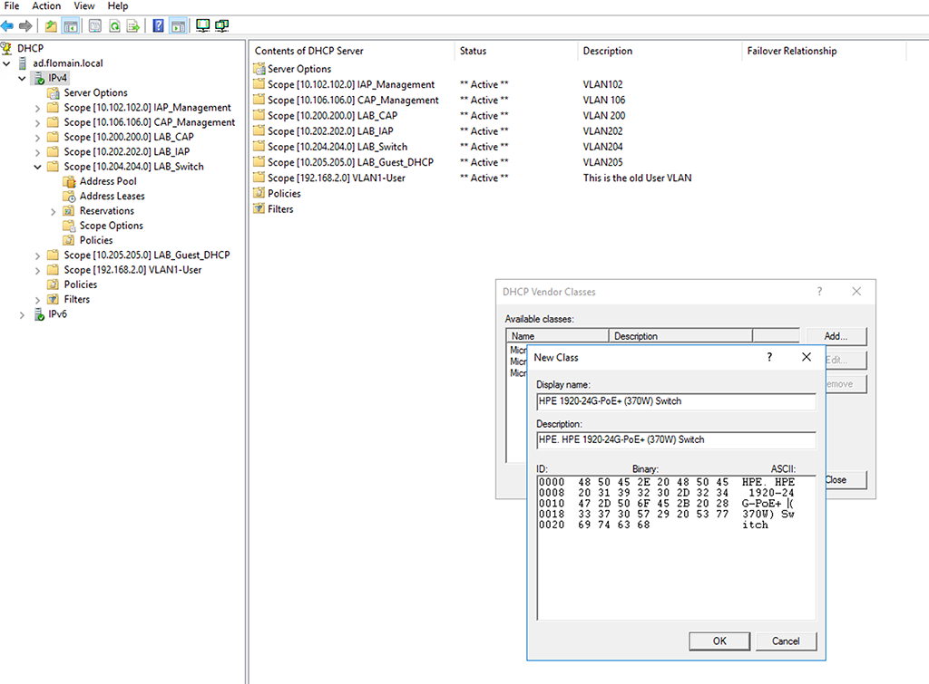 DHCP Vendor Class Identifier - Add Vendor Class to Server