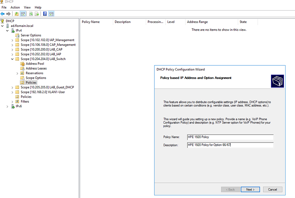 DHCP Vendor Class Identifier - Create new Policy