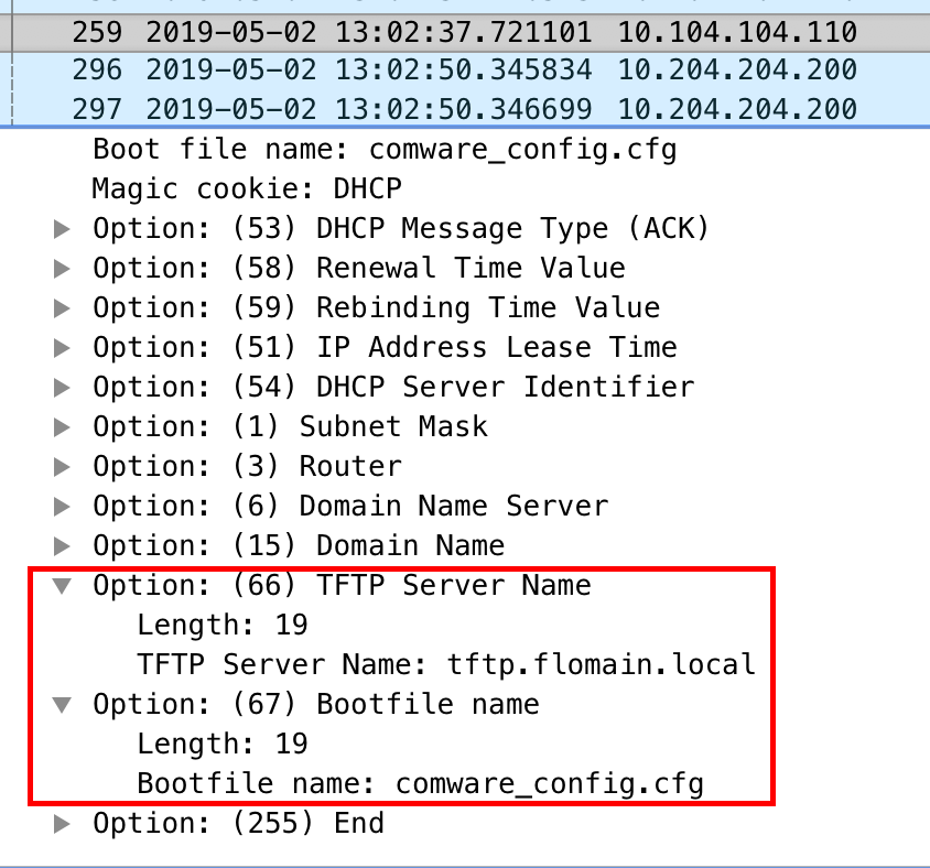 DHCP Vendor Class Identifier - Wireshark with DHCP Option 66 and 67