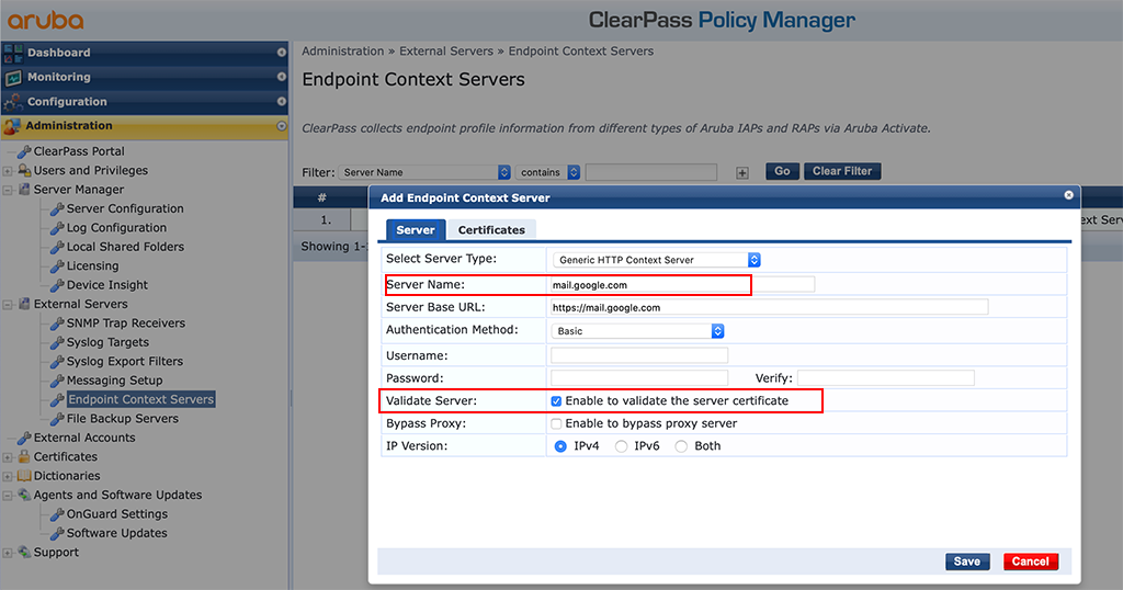 ClearPass with Gmail - Add Context Server