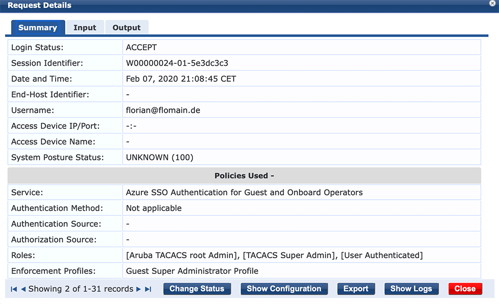 ClearPass SSO with Azure AD - Access Tracker Summary