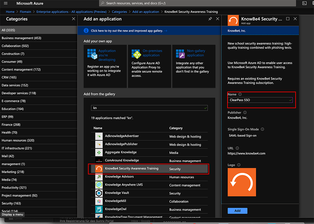 ClearPass SSO with Azure AD - Add Application