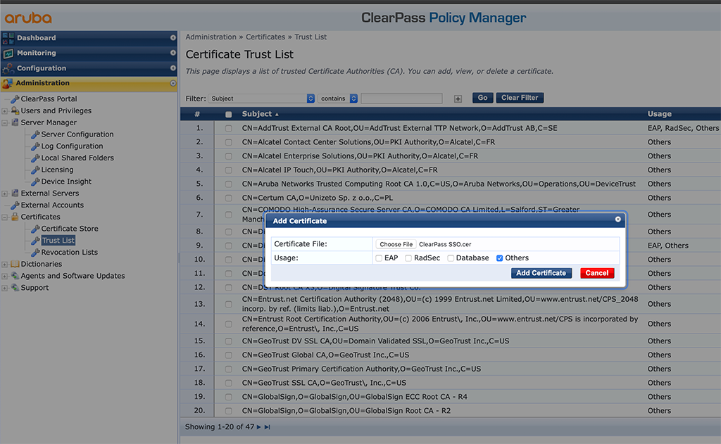 ClearPass SSO with Azure AD - Add Certificate to ClearPass