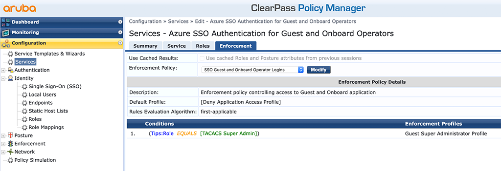 ClearPass SSO with Azure AD - ClearPass Service for Guest and Onboard Operators Enforcement Tab