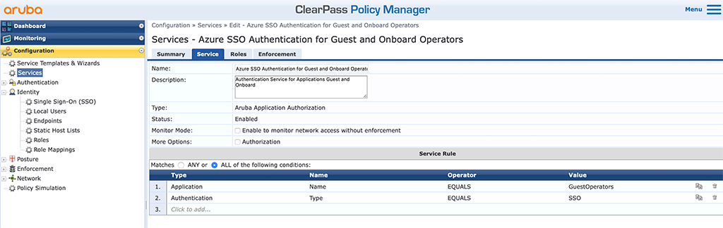 ClearPass SSO with Azure AD - ClearPass Service for Guest and Onboard Operators Service Tab