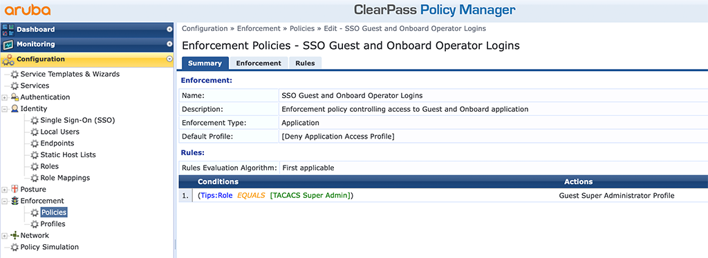 ClearPass SSO with Azure AD - Enforcement Policy