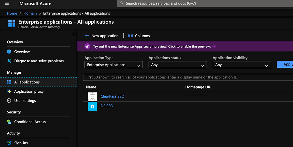 ClearPass SSO with Azure AD - Enterprise Applications