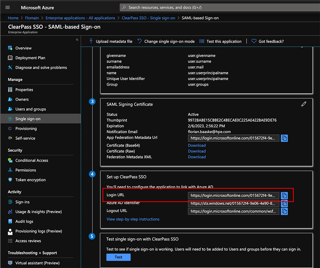 ClearPass SSO with Azure AD - Login URL from Azure