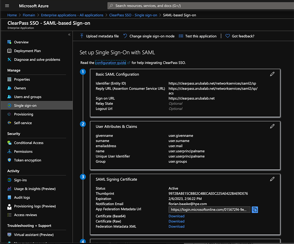 ClearPass SSO with Azure AD - Setup SSO