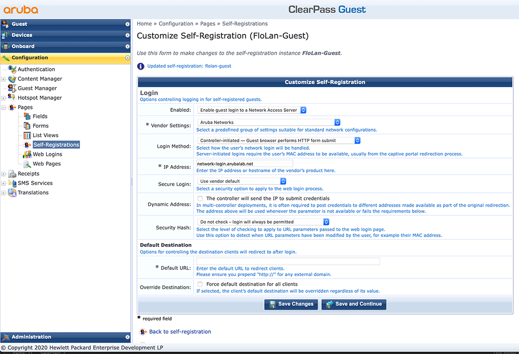 ClearPass Sponsored Guest Login - Create new Self-Registrations Page Login Settings