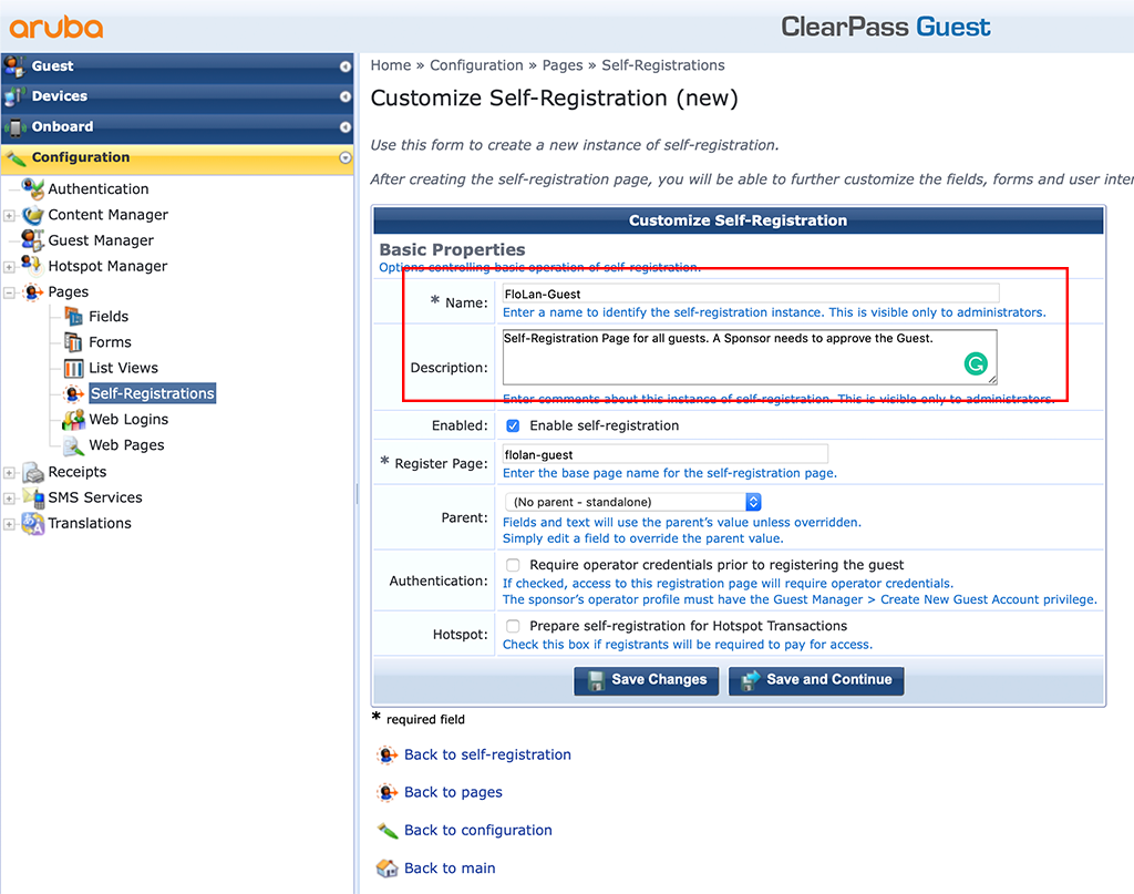 ClearPass Sponsored Guest Login - Create new Self-Registrations Page