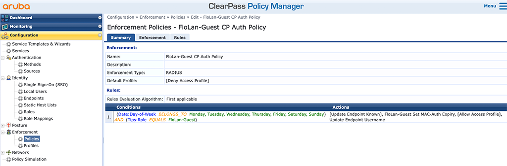 ClearPass Sponsored Guest Login - Guest Captive Portal Enforcement Policy