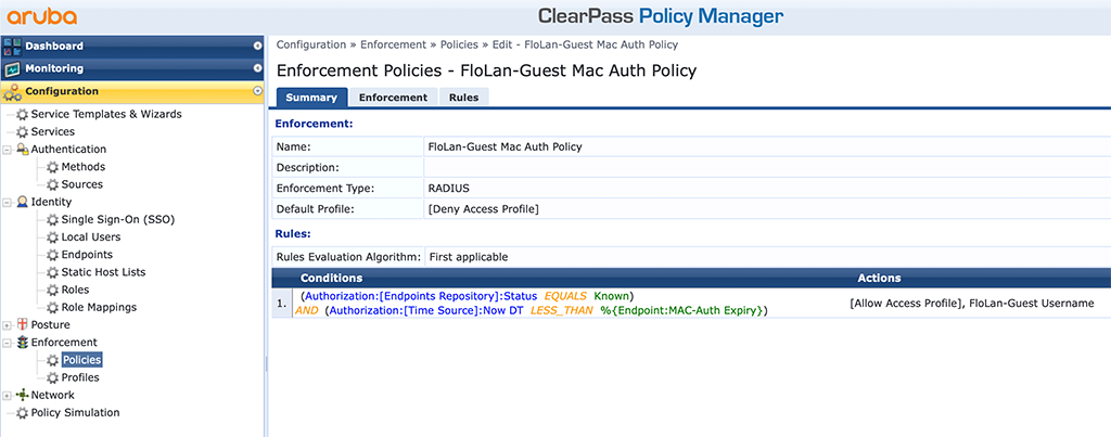 ClearPass Sponsored Guest Login - Guest MAC Enforcement Policy