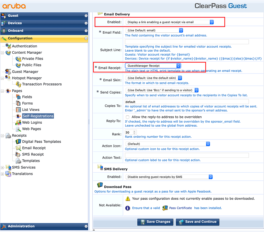 ClearPass Sponsored Guest Login - Guest Receipt Settings