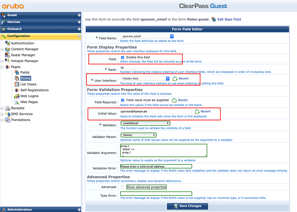 ClearPass Sponsored Guest Login - Static Sponsor Mail Address Settings