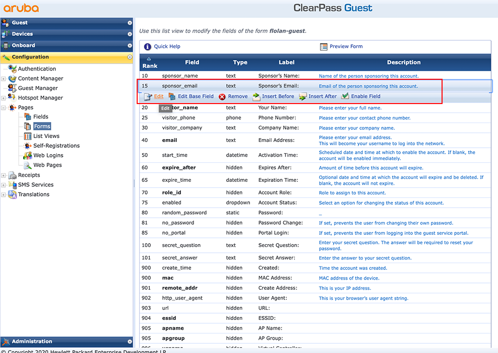 ClearPass Sponsored Guest Login - Static Sponsor Mail Address