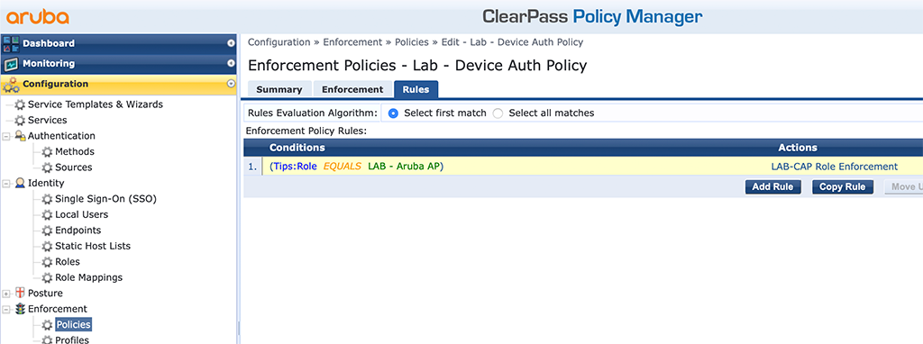 Campus AP Authentication - Add Enforcement Policy Rules with Role Profile