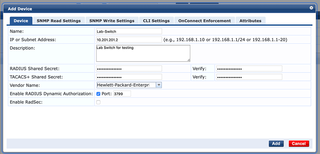 Campus AP Authentication - Add Switch to ClearPass