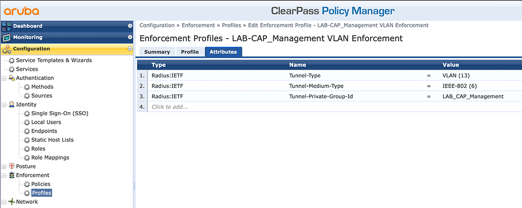 Campus AP Authentication - Add VLAN Enforcement Profile Attributes