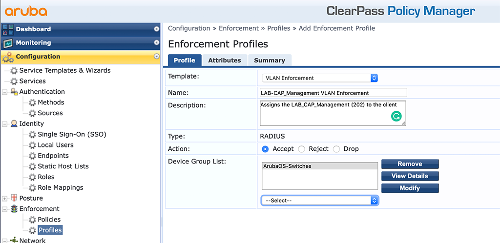 Campus AP Authentication - Add VLAN Enforcement Profile