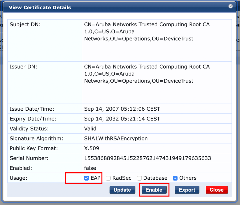 Campus AP Authentication - Enable Aruba Root CA