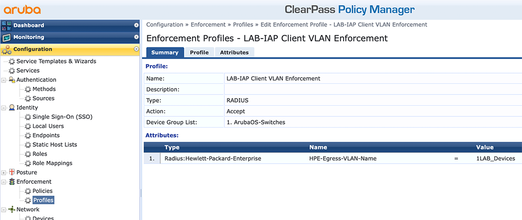 Instant AP Authentication - Add Client VLAN Enforcement Profile