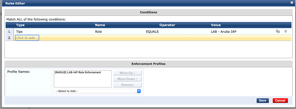 Instant AP Authentication - Add Enforcement Policy Rules with Role Profile