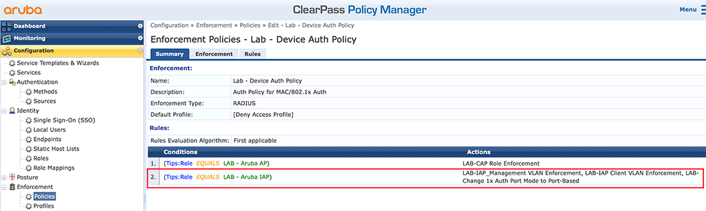 Instant AP Authentication - Add Enforcement Policy