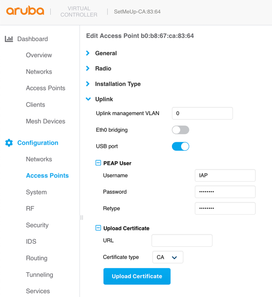 Instant AP Authentication - Configure PEAP Credentials on IAP