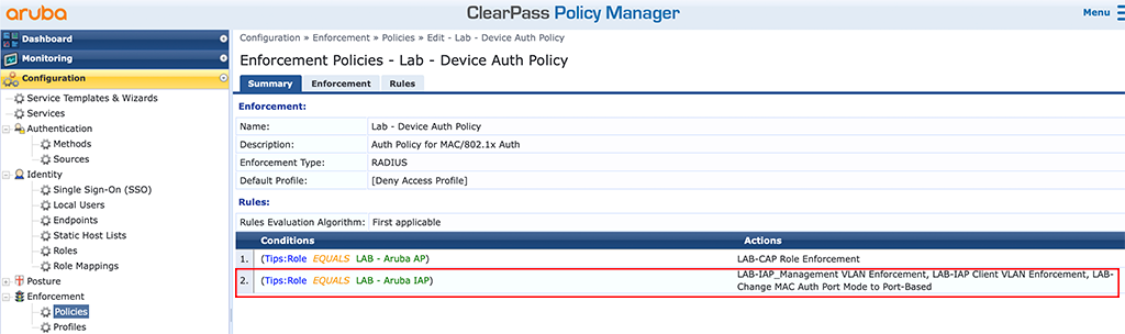 Instant AP Authentication - Modify Enforcement Policy