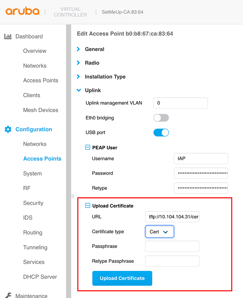 Instant AP Authentication - Upload Client Certificate to IAP