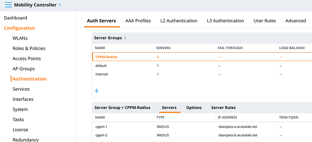 Aruba VIA VPN - Add Radius Servers