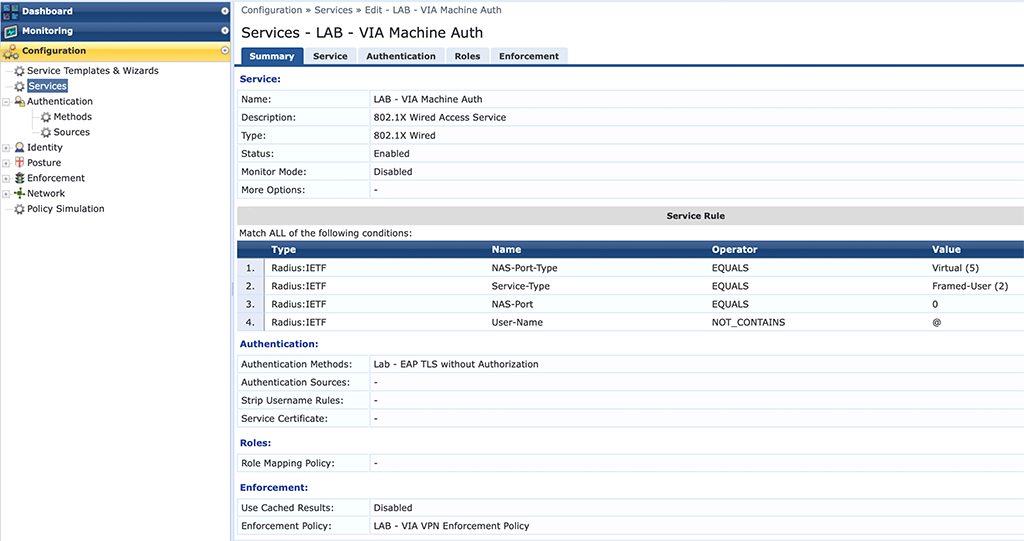 Aruba VIA VPN - ClearPass Machine Authentication Service