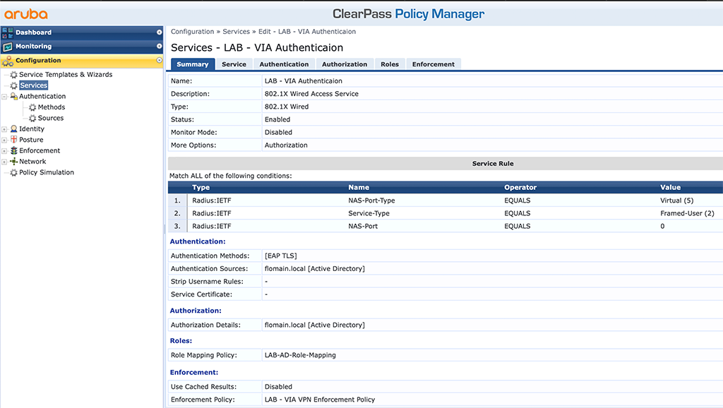 Aruba VIA VPN - ClearPass VIA Authentication Service