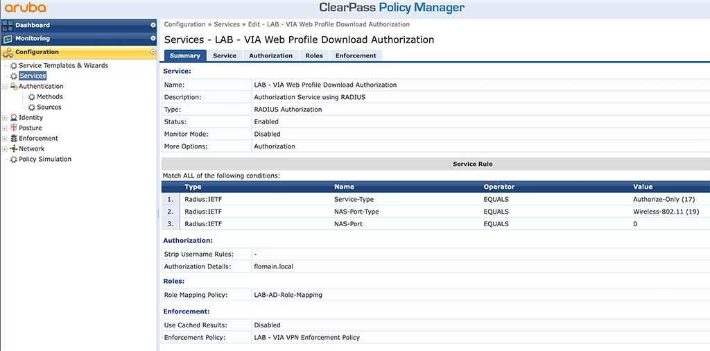 Aruba VIA VPN - ClearPass Web Profile Download Service