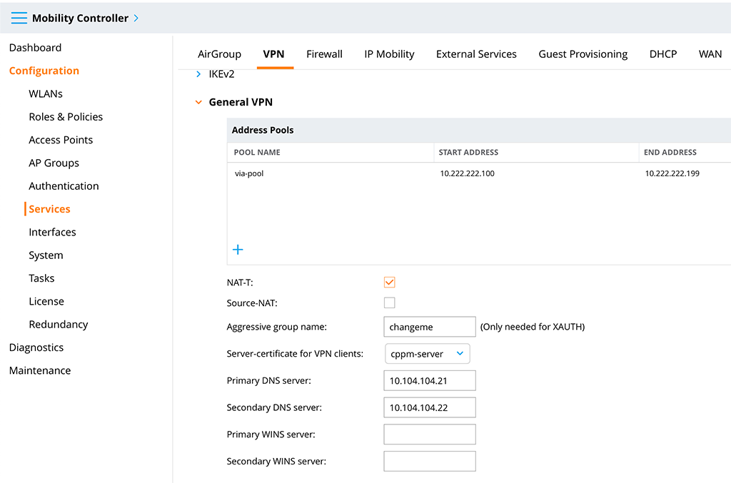 Aruba VIA VPN - General VPN Settings