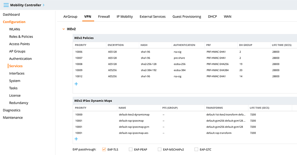 Aruba VIA VPN - IKEv2 Options