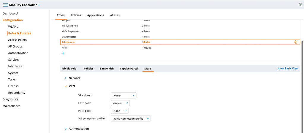 Aruba VIA VPN - Modify VPN Role