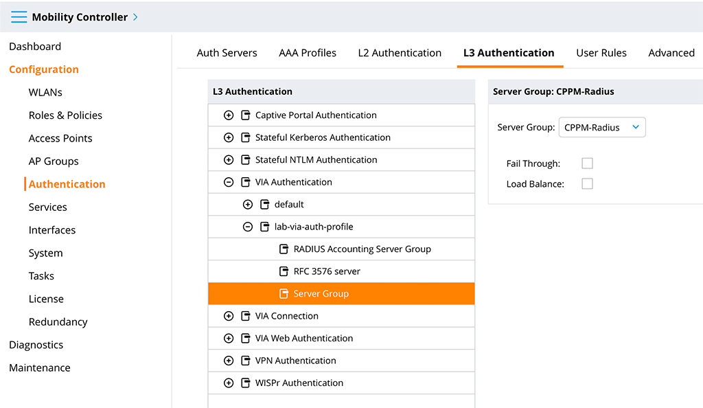 Aruba VIA VPN - VIA Authentication Profile Server Group