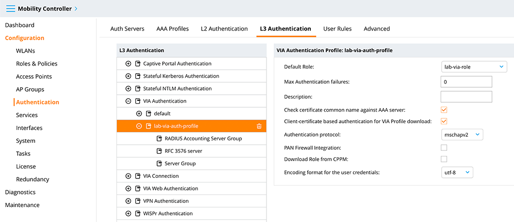 Aruba VIA VPN - VIA Authentication Profile