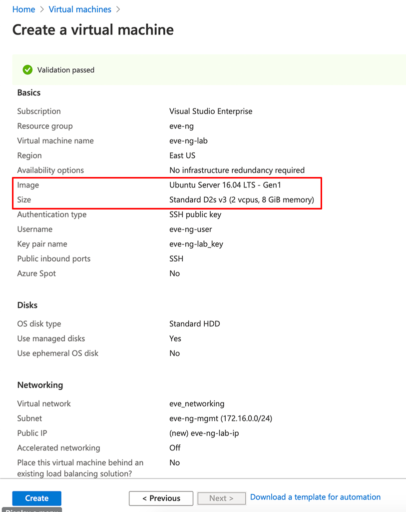 EVE-NG in Azure - VM Settings