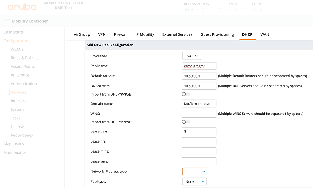 Aruba Remote Mesh - Create a DHCP Pool for the PMV