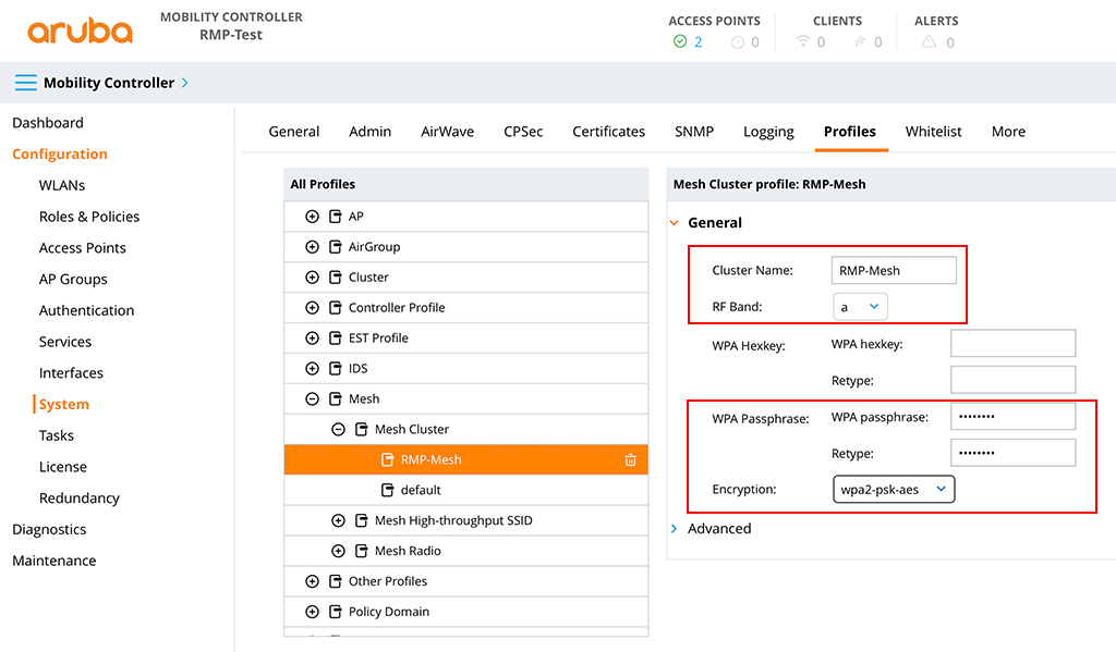 Aruba Remote Mesh - Create the Mesh Cluster Profile