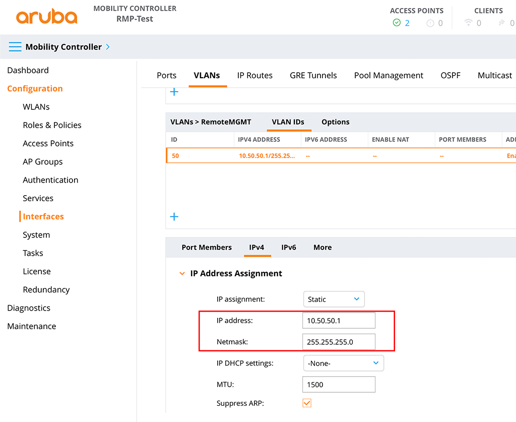 Aruba Remote Mesh - Set IP Address for PMV