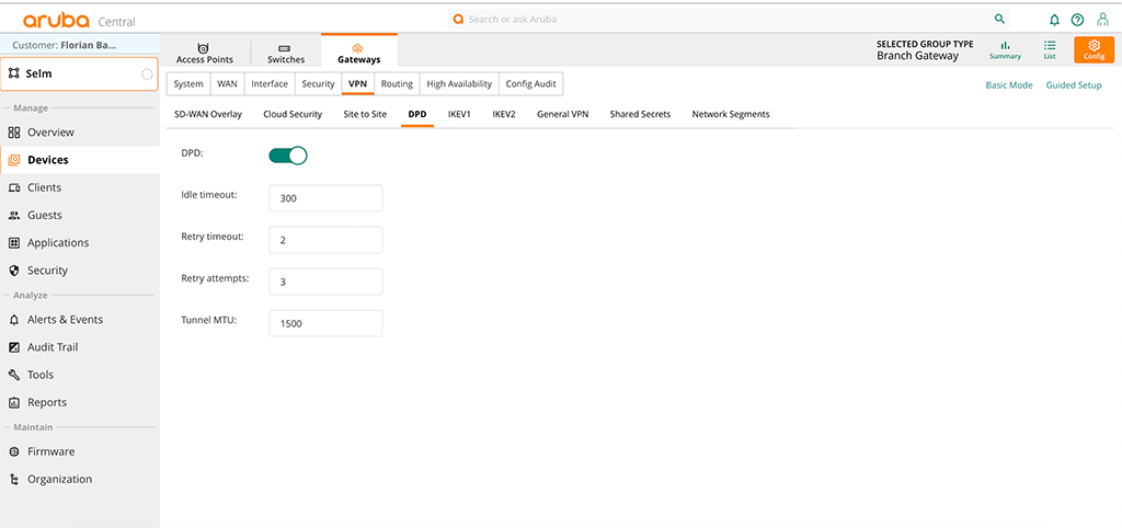 Aruba Gateway Site to Site VPN - Adjust DPD Settings