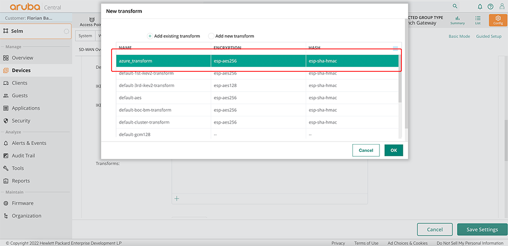 Aruba Gateway Site to Site VPN - New Transform